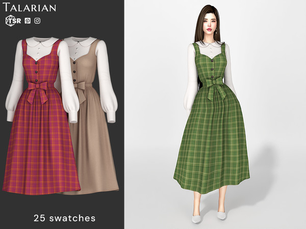 Sims 4 — Aliana Plaid Midi Dress by talarian — Dress featuring a structured pinafore-style bodice worn over a long-sleeve