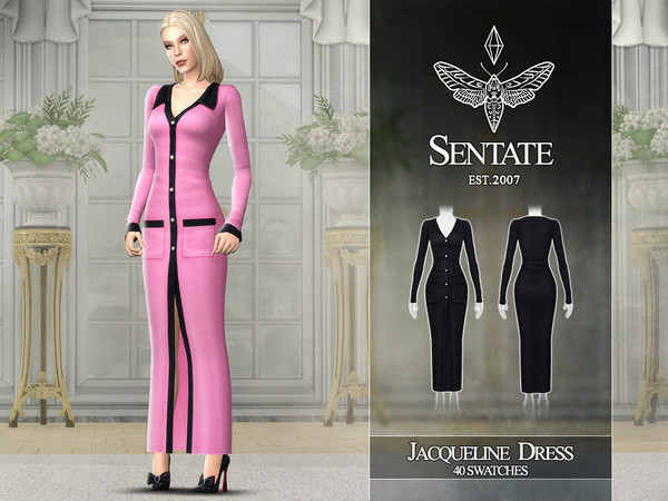 Sims 4 — Jacqueline Dress by Sentate — A long button up dress with collar and contrast details.
