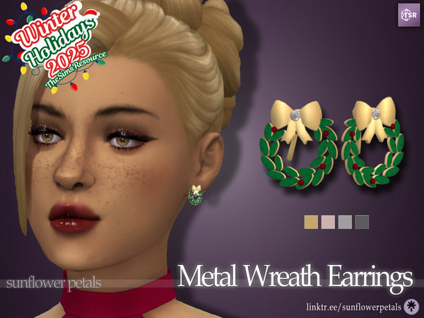 Sims 4 — Metal Wreath Earrings by SunflowerPetalsCC — A pair of earrings in the shape of Christmas wreaths with metal