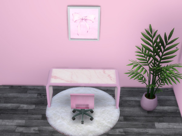 Sims 4 — Pink Office Desk by jessbtlrr — This set has a desk, chair, wall art, laptop, lamp, pen holder, & a plant.