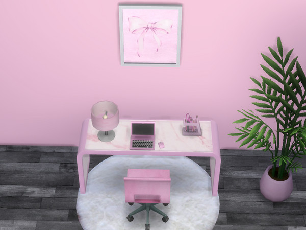 Sims 4 — Pink Office Chair by jessbtlrr — This set has a desk, chair, wall art, laptop, lamp, pen holder, & a plant.