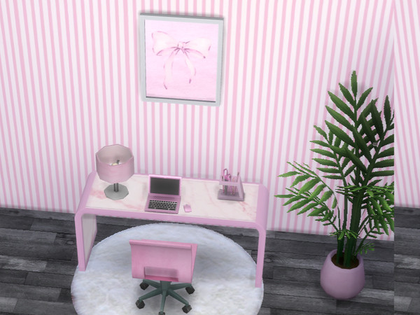 Sims 4 — Pink Lamp by jessbtlrr — This set has a desk, chair, wall art, laptop, lamp, pen holder, & a plant.