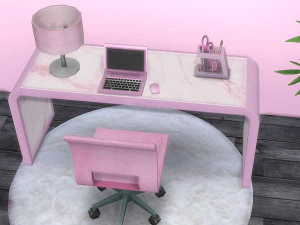 Sims 4 — Pink Office Laptop by jessbtlrr — This set has a desk, chair, wall art, laptop, lamp, pen holder, & a plant.