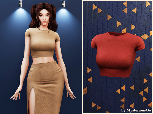 Sims 4 — Short sleeve crop top by MysteriousOo — Fitted knit crop top with short sleeves