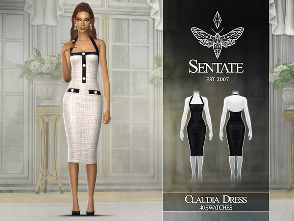 Sims 4 — Claudia Midi Dress by Sentate — A chic tweed halter midi dress with button detail.