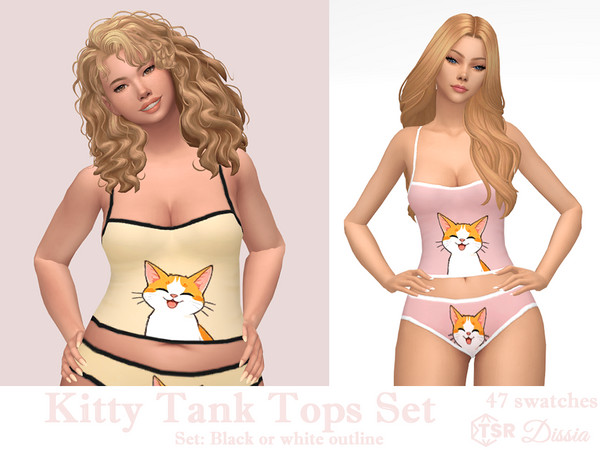 Sims 4 — Kitty Tank Top (White) by Dissia — Sleepwear tank top with a cat print and black or white outline