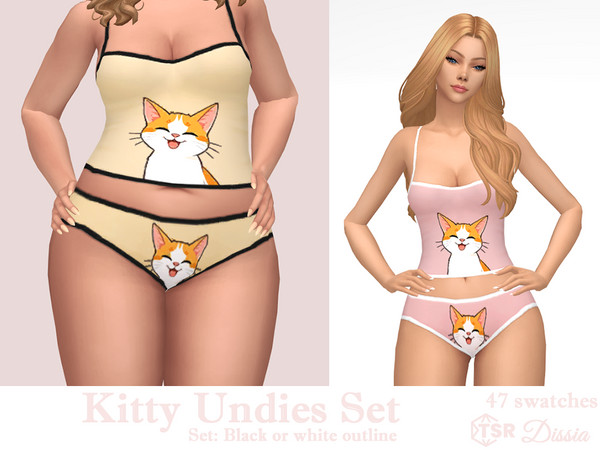 Sims 4 — Kitty Undies (White) by Dissia — sleepwear panties with a cat print and black or white outline