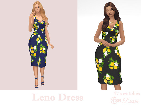 Sims 4 — Leno Dress by Dissia — Sleeveless v cleavage lemons and daisies pattern midi dress