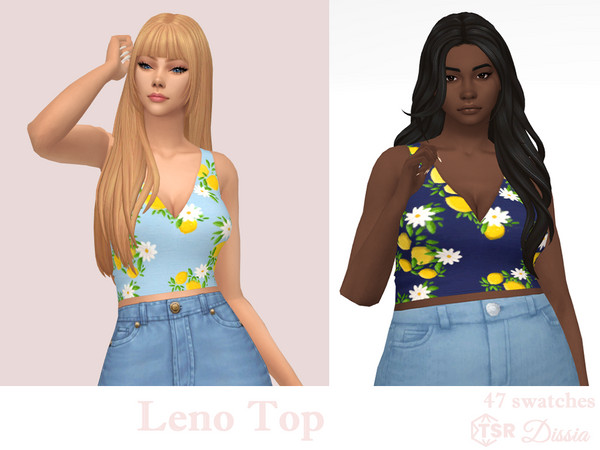 Sims 4 — Leno Top by Dissia — Sleeveless v cleavage lemons and daisies pattern short crop top