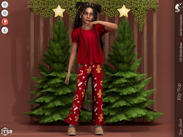 Sims 4 — Ely Top- Child by KaTPurpura — Blouse-style top with ruffles and Christmas print