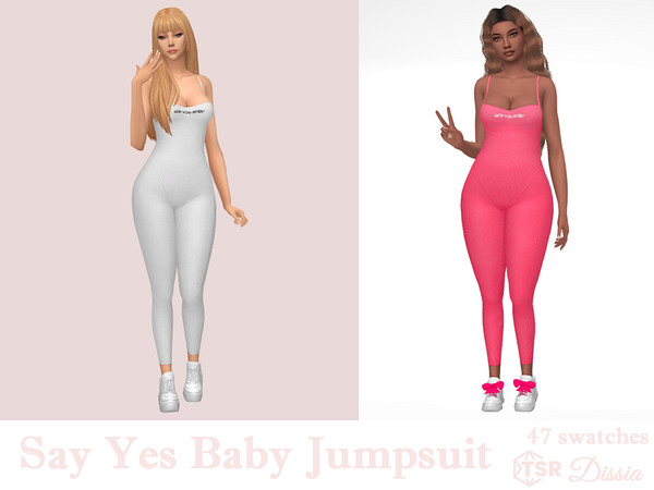 Sims 4 — Say Yes Baby Jumpsuit by Dissia — Ribbed long fitted jumpsuit with "Say Yes Baby" print in simlish