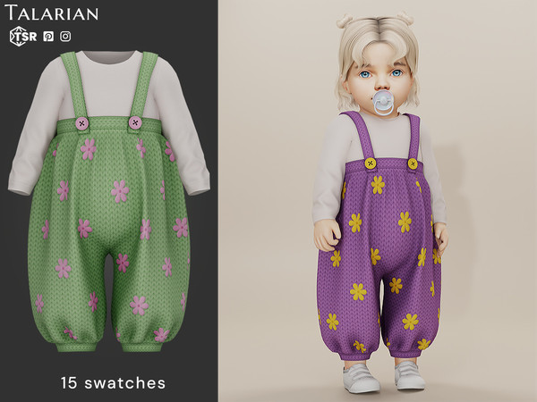 Sims 4 — Penelope Floral Dungarees Outfit by talarian — Outfit featuring relaxed-fit suspender pants layered over a