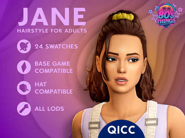Sims 4 — 80's Things - Jane Hair by qicc — Medium-length half-up hairstyle secured with a scrunchie. - Maxis Match