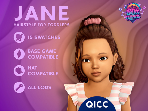 Sims 4 — 80's Things - Jane Hair for Toddlers Scrunchie Overlay by qicc — Medium-length half-up hairstyle secured with a