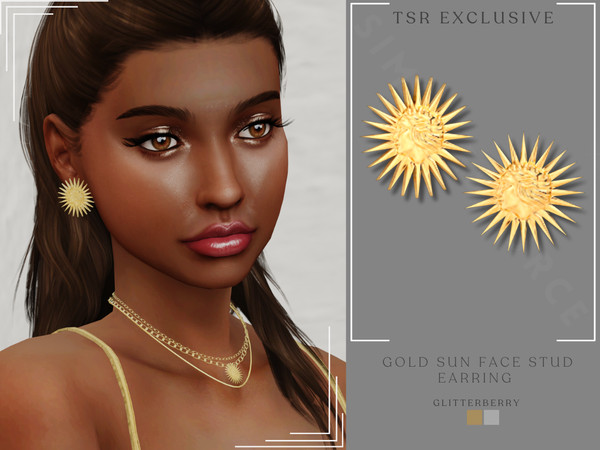 Sims 4 — Gold Sun Face Stud Earring by Glitterberryfly — A gold sun face earring. Comes in silver and gold