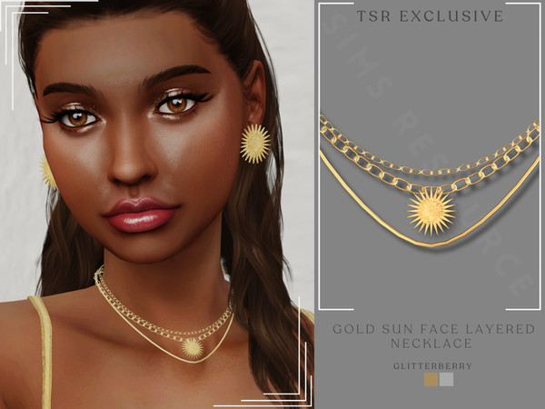 Sims 4 — Gold Sun Face Layered Necklace by Glitterberryfly — A layered gold chain necklace with gold sun face pendant.