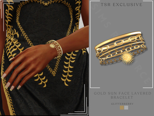 Sims 4 — Gold Sun Face Layered Bracelet by Glitterberryfly — A gold chain layered bracelet. Comes in silver and gold