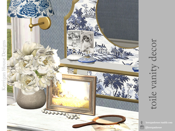 Sims 4 — Toile Vanity Decor by kerriganhouse — A set of of vintage vanity decor objects for Toile de Jouy collectors.