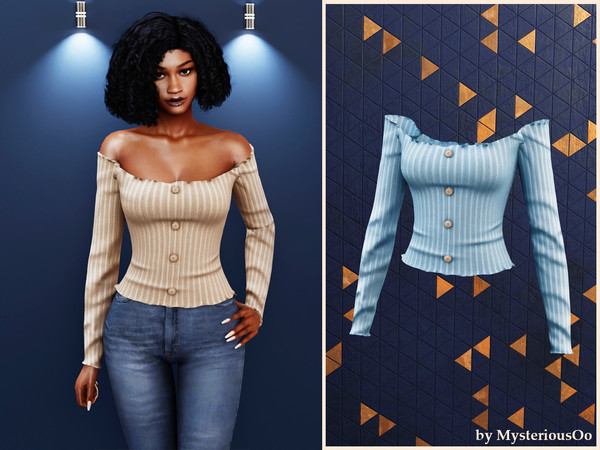 Sims 4 — Off shoulder ribbed top by MysteriousOo — Ribbed off-shoulder top with front buttons