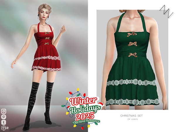 Sims 4 — CHRISTMAS SET by ZNsims — christmas, dress, bow, check, lace