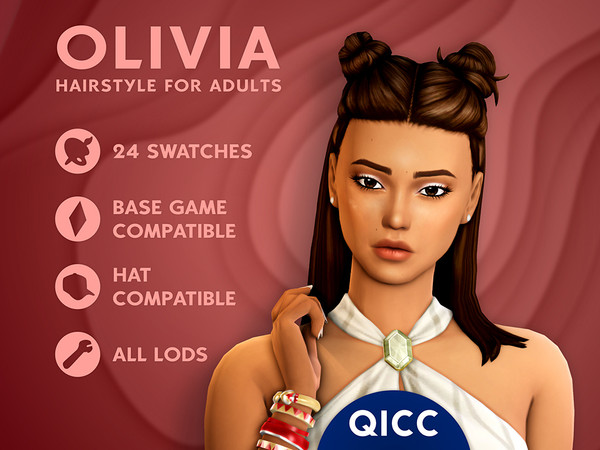 Sims 4 — Olivia Hair by qicc — A straight hairstyle with space buns. - Maxis Match