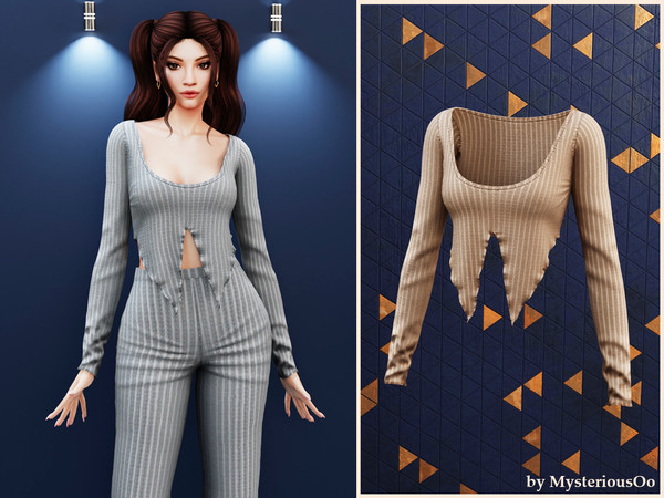 Sims 4 — Ribbed asymmetrical hem top by MysteriousOo — Fitted ribbed top with raw asymmetrical hem