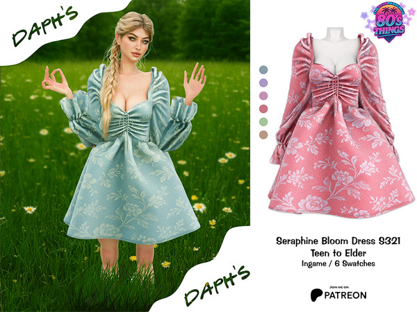 Sims 4 — 80'S THINGS - PATREON - Seraphine Bloom Dress S321 by Daph's — A romantic floral mini dress featuring puff