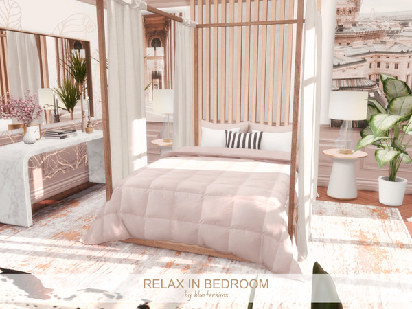 Sims 4 — Relax In Bedroom by BlusterSims — Relax In Bedroom is a serene, sunlit space blending soft blush tones, natural