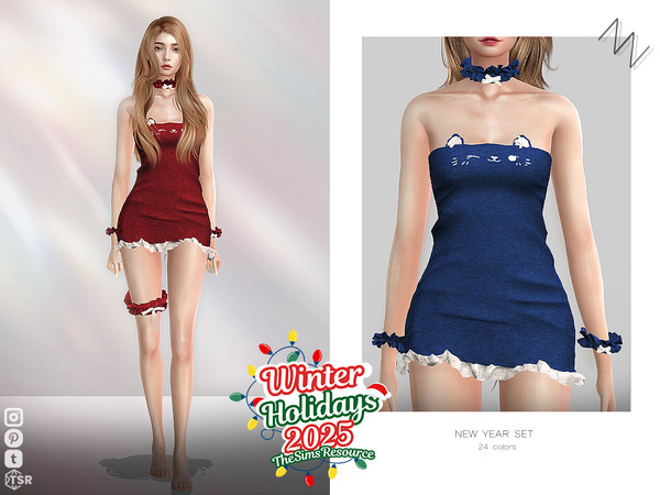 Sims 4 — NEW YEAR SET by ZNsims — New Year's Day, suits, short skirts, one-shoulder collars, bows, lace