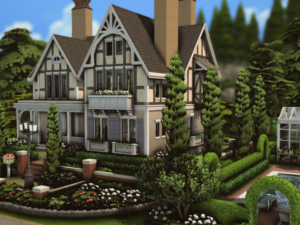 Sims 4 — Tudor House + Pool + Greenhouse by plumbobkingdom — This elegant, classically inspired home stands out with its
