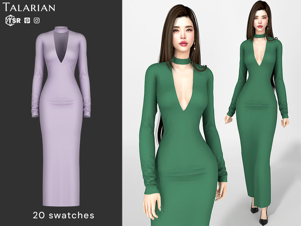 Sims 4 — Leyla Deep Neckline Maxi Dress by talarian — Long-length bodycon dress with a fitted silhouette and long