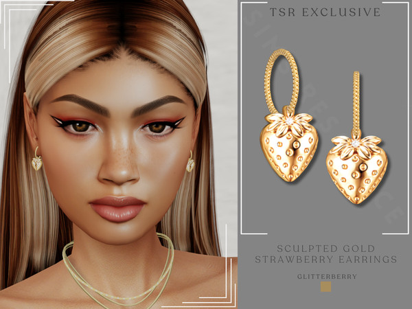 Sims 4 — Sculpted Gold Strawberry Hoop Earring by Glitterberryfly — A gold hoop earring with sculpted berry pendant