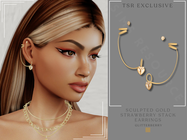 Sims 4 — Gold Sculpted Strawberry Stack Earring by Glitterberryfly — A gold stack earring with gold strawberries