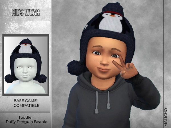 Sims 4 — Puffy Penguin Beanie by malicho — Cute puffy beanie with penguin motif and snowflakes in knit wool for toddlers,
