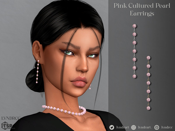 Sims 4 — Pink Cultured Pearl Earrings by LVNDRCC — Set of long, dangling earrings, pearl necklace and a ring with gold
