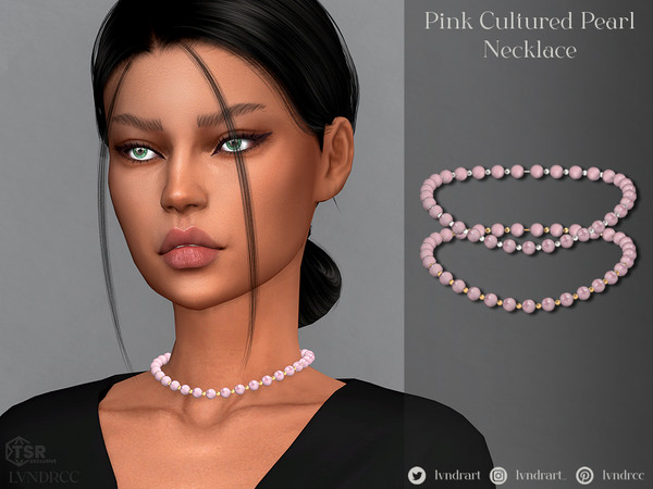 Sims 4 — Pink cultured Pearl Necklace by LVNDRCC — Set of long, dangling earrings, pearl necklace and a ring with gold