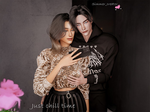 Sims 4 — Just chill time by Simmer_creator9 — 5 couple poses CC: phone bike whiskey Teleporter & Pose Player required