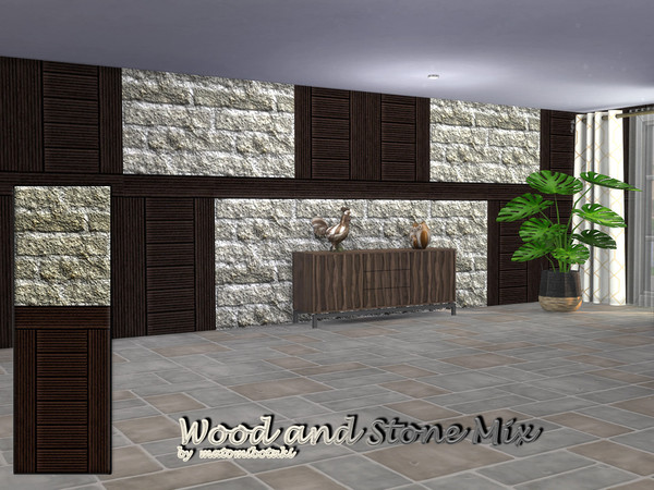 Sims 4 — Wood and Stone Mix by matomibotaki — Wooden cladding and rough brickwork in the upper part, 4 different