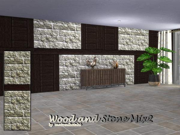 Sims 4 — Wood and Stone Mix2 by matomibotaki — Wooden cladding and rough brickwork in the upper part, 4 different