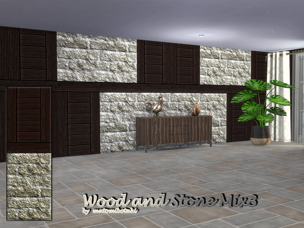 Sims 4 — Wood and Stone Mix3 by matomibotaki — Wooden cladding and rough brickwork in the upper part, 4 different