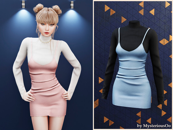Sims 4 — Layered slip dress set by MysteriousOo — Layered slip dress with fitted long sleeve top