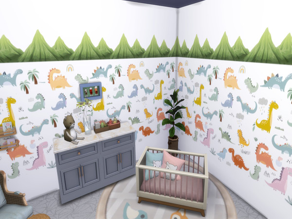 Sims 4 — Dinoland Walls by lavilikesims — 2 landscape wall with dinosaurs and extra walls, in all wall sizes.