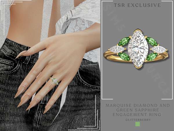 Sims 4 — Marquise Diamond and Green Sapphire Engagement Ring by Glitterberryfly — A green gemstone and diamond engagement