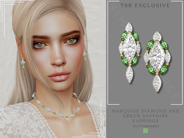 Sims 4 — Marquise Diamond and Green Sapphire Earrings by Glitterberryfly — A green sapphire and diamond earring