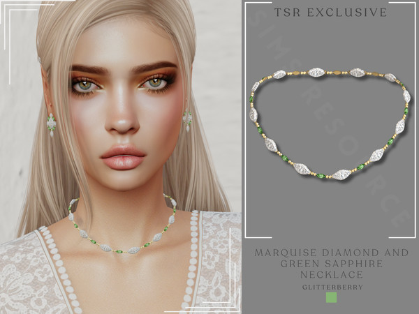 Sims 4 — Marquise Diamond and Green Sapphire Necklace by Glitterberryfly — A green sapphire diamond necklace