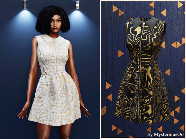 Sims 4 — Abstract collar zip dress by MysteriousOo — Sleeveless dress with collar, zipper, and abstract pattern