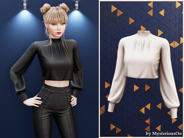 Sims 4 — High neck cropped blouse by MysteriousOo — Cropped blouse with high neckline and long sleeves