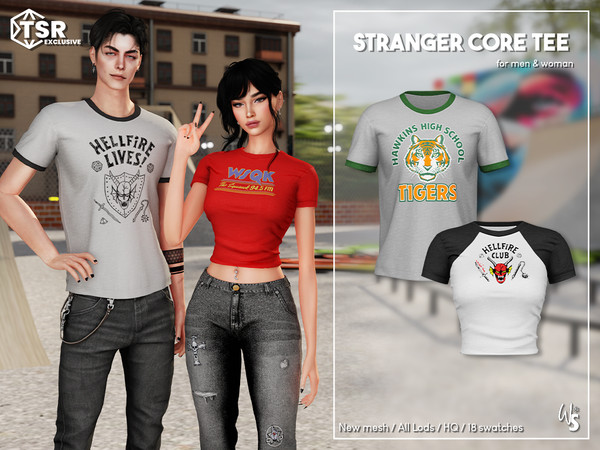 Sims 4 — StrangerCore Tee (Set) by WisteriaSims — A casual t-shirt with prints inspired by the series.
