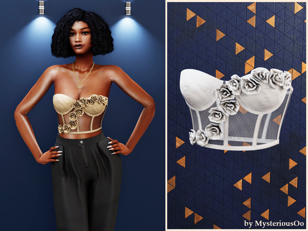 Sims 4 — Rose corset top by MysteriousOo — Structured corset top with mesh panels and floral details