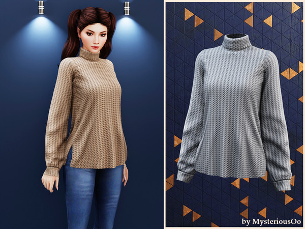 Sims 4 — Textured side-slit turtleneck sweater by MysteriousOo — Turtleneck sweater with side slits and relaxed fit